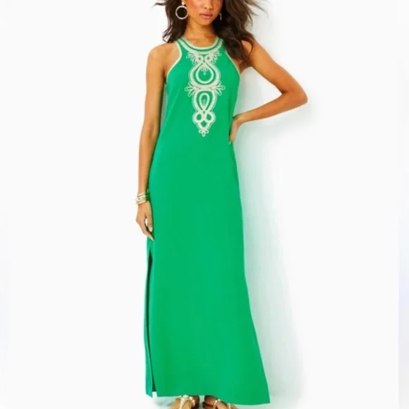 NWT Lilly Pulitzer Taylane maxi dress in green and gold M 8 - Picture 1 of 13